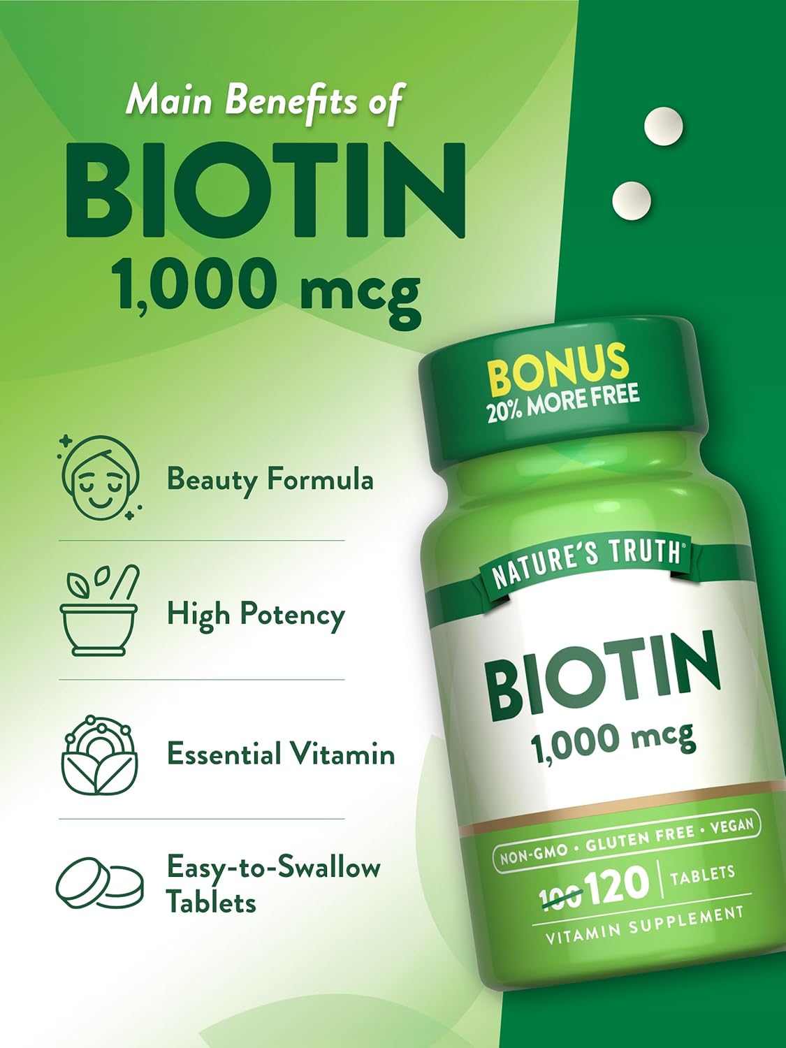 Vegan Biotin 1000mcg Tablets - Non-GMO & Gluten Free Supplement - 120 Count