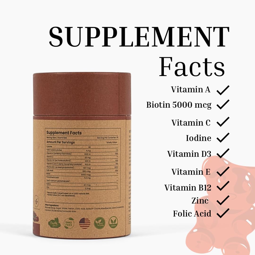 Vegan Biotin 5000mcg Gummies with Vitamins A, B12, C, D3, E, and Folic Acid