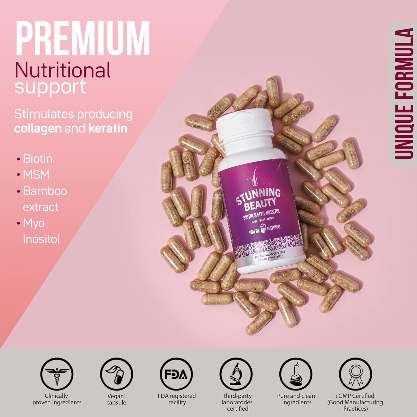 Vegan Biotin 5000mcg with Collagen and Keratin - Hair Growth Support Supplement for Women & Men - Skin and Nails Vitamins with OptiMSM, Vitamin E, C, D3, B12, Zinc - Gluten Free - 60 Capsules