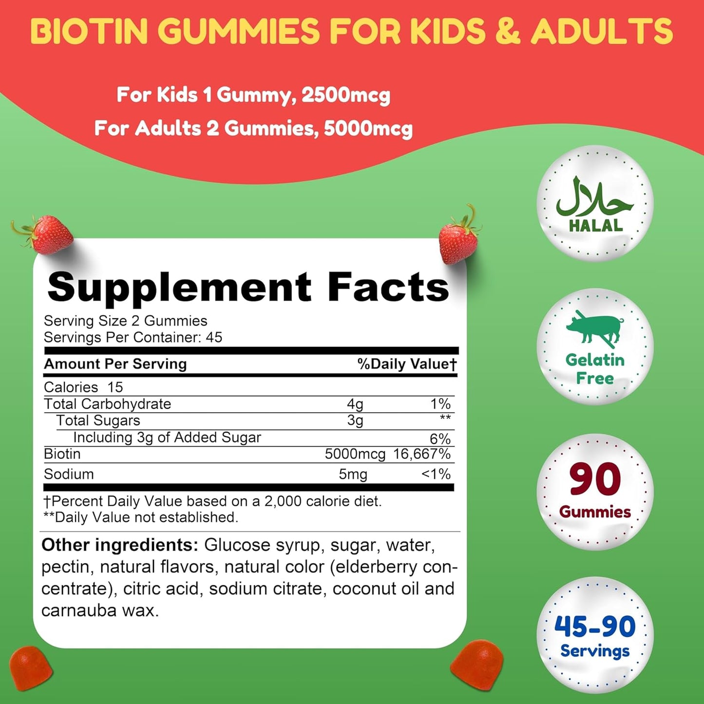 Vegan Biotin Gummies 5000 mcg for Adults & Kids | 90 Gummies, 45 Servings | Non-GMO, Gluten-Free | Hair, Skin, Nails Vitamins