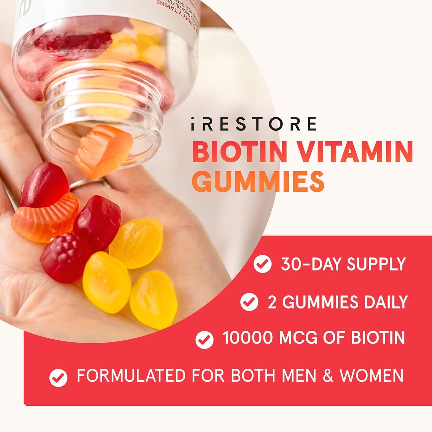 Vegan Biotin Gummies for Hair Growth - iRestore Hair Gummy Vitamins 10,000mcg (3PK) for Men & Women