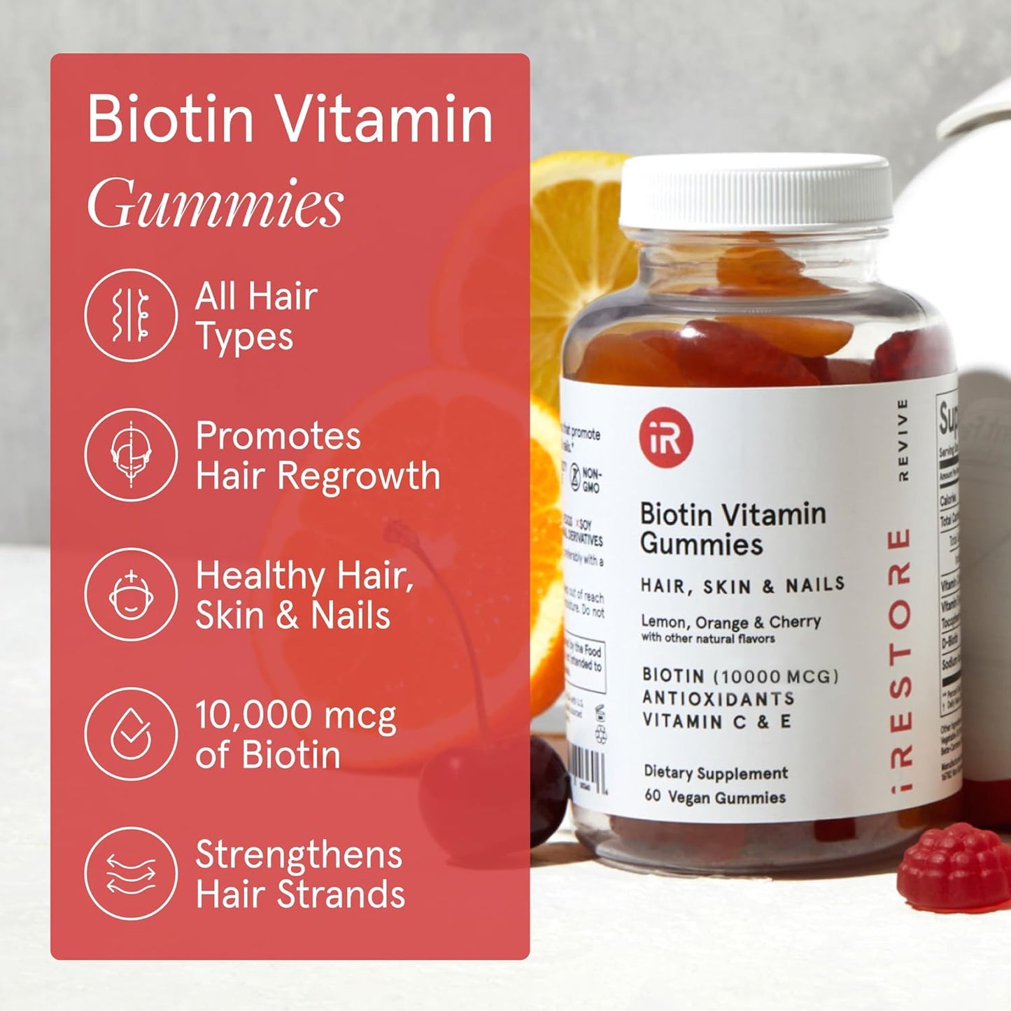 Vegan Biotin Gummies for Hair Growth - iRestore Hair Gummy Vitamins 10,000mcg (3PK) for Men & Women