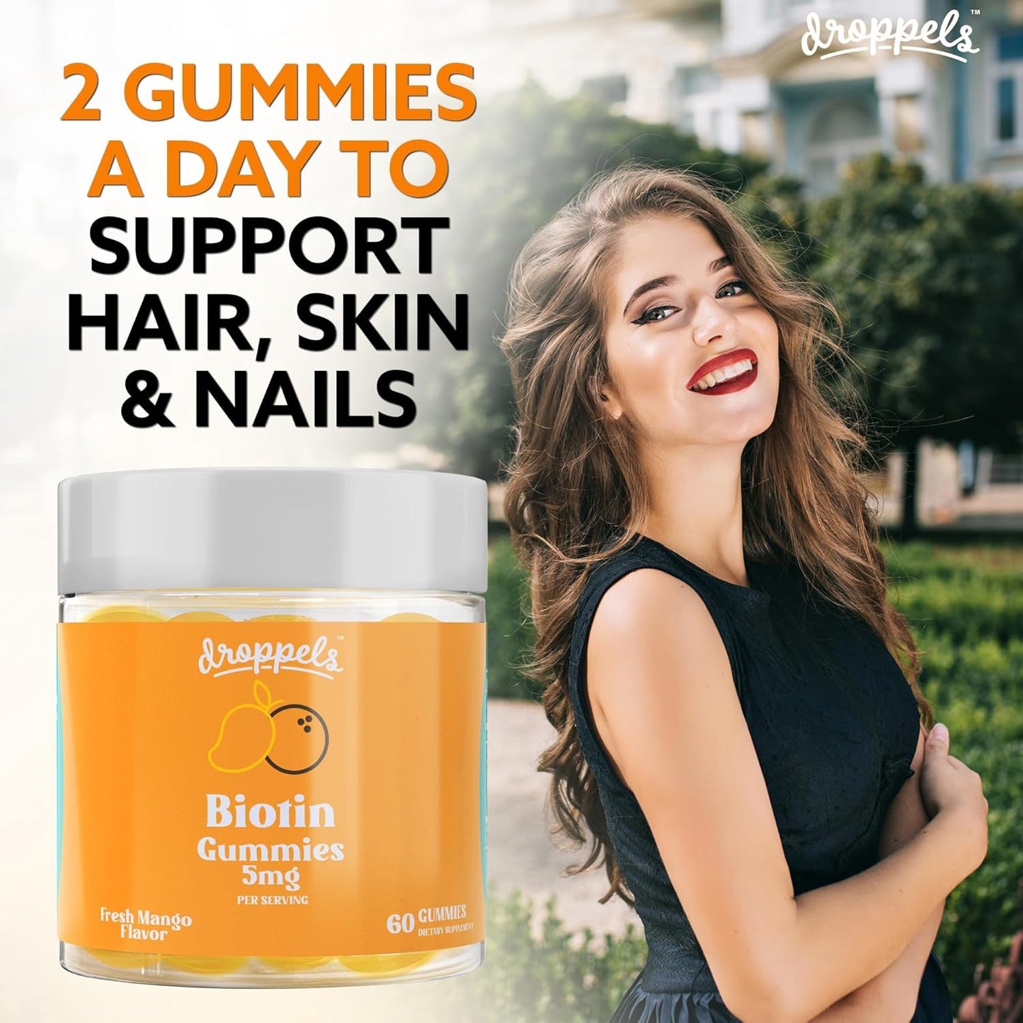Vegan Biotin Gummies for Hair Growth and Healthy Nails - Droppels 5,000mcg Biotin Gummies, Non-GMO, Pectin-Based - 60 Count