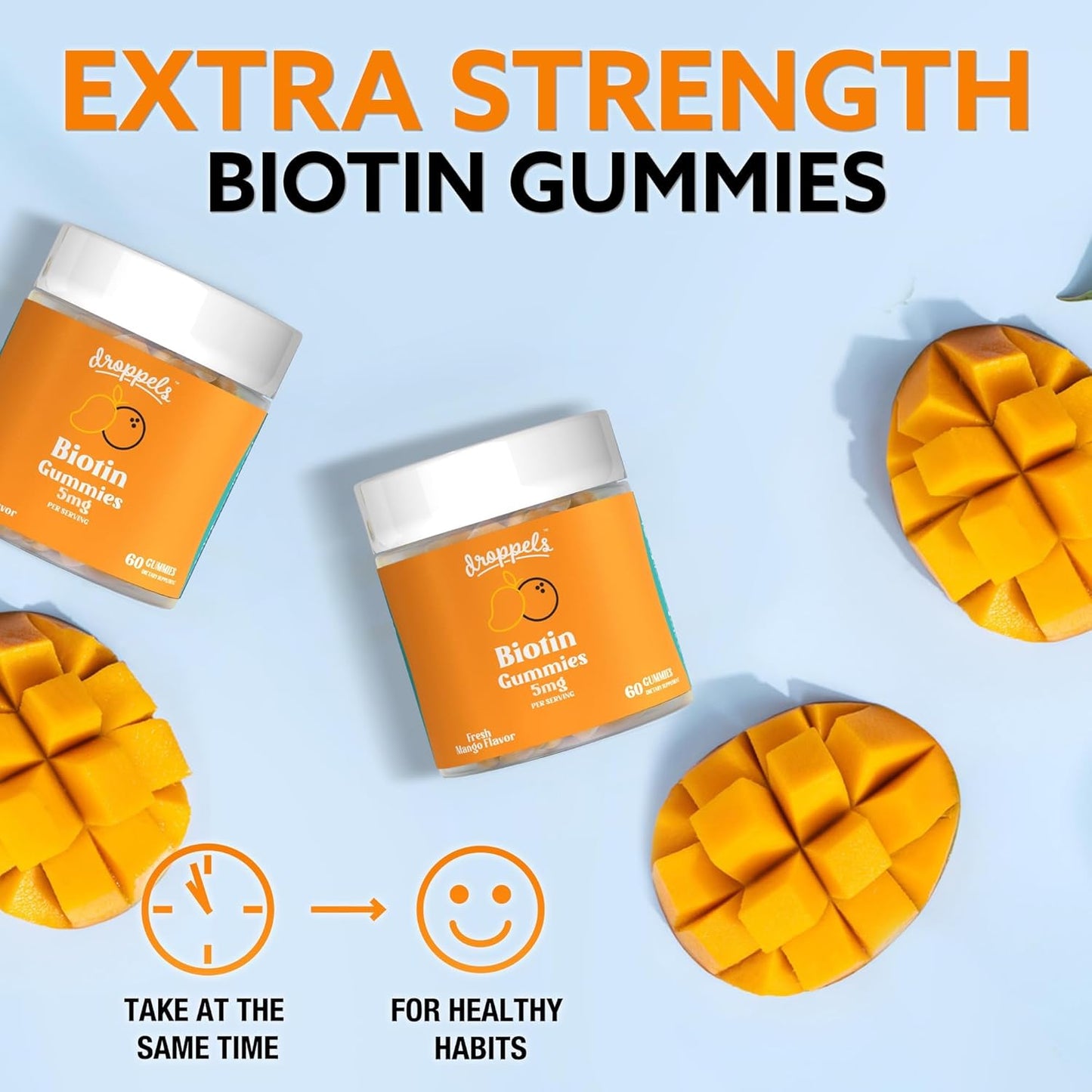 Vegan Biotin Gummies for Hair Growth and Healthy Nails - Droppels 5,000mcg Biotin Gummies, Non-GMO, Pectin-Based - 60 Count
