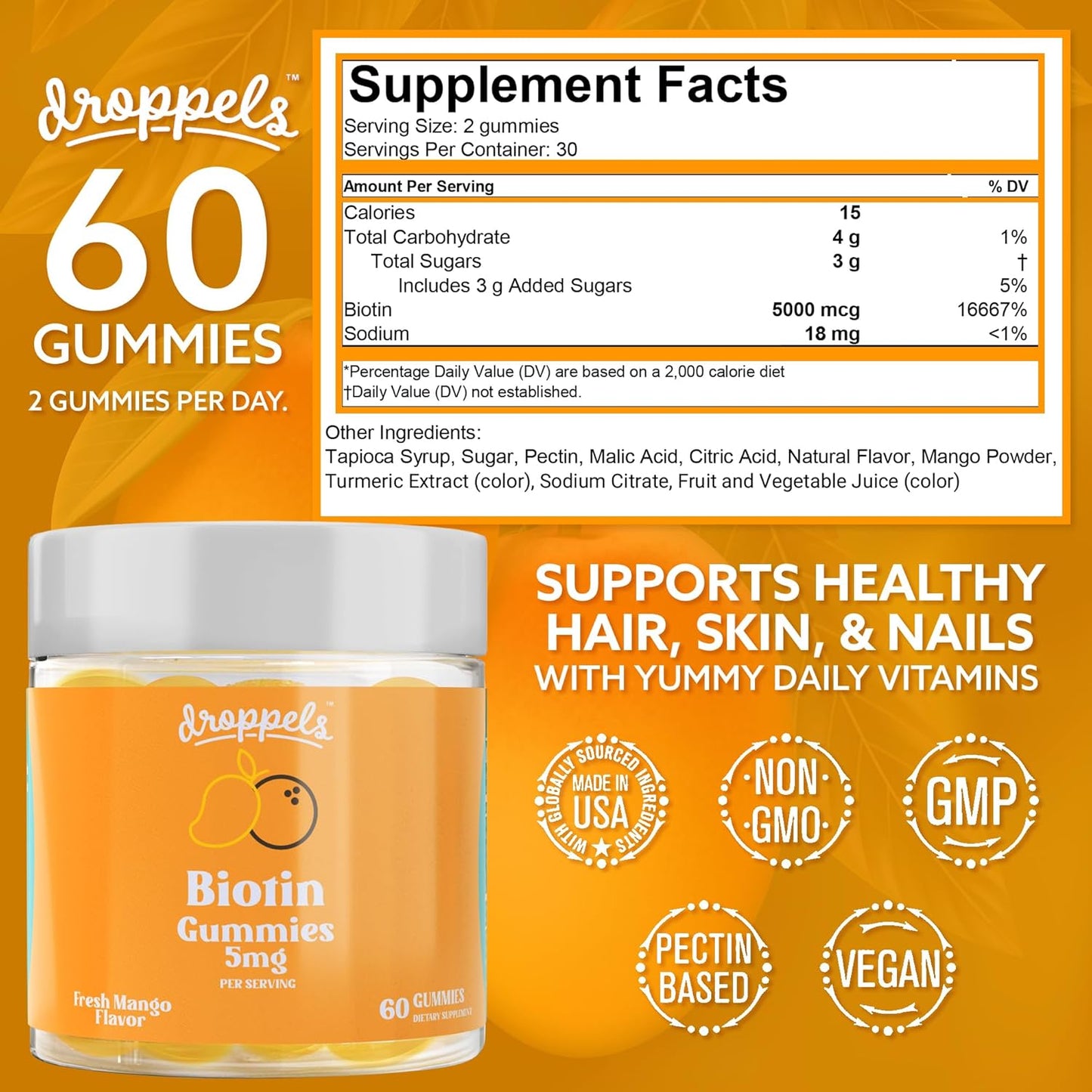 Vegan Biotin Gummies for Hair Growth and Healthy Nails - Droppels 5,000mcg Biotin Gummies, Non-GMO, Pectin-Based - 60 Count