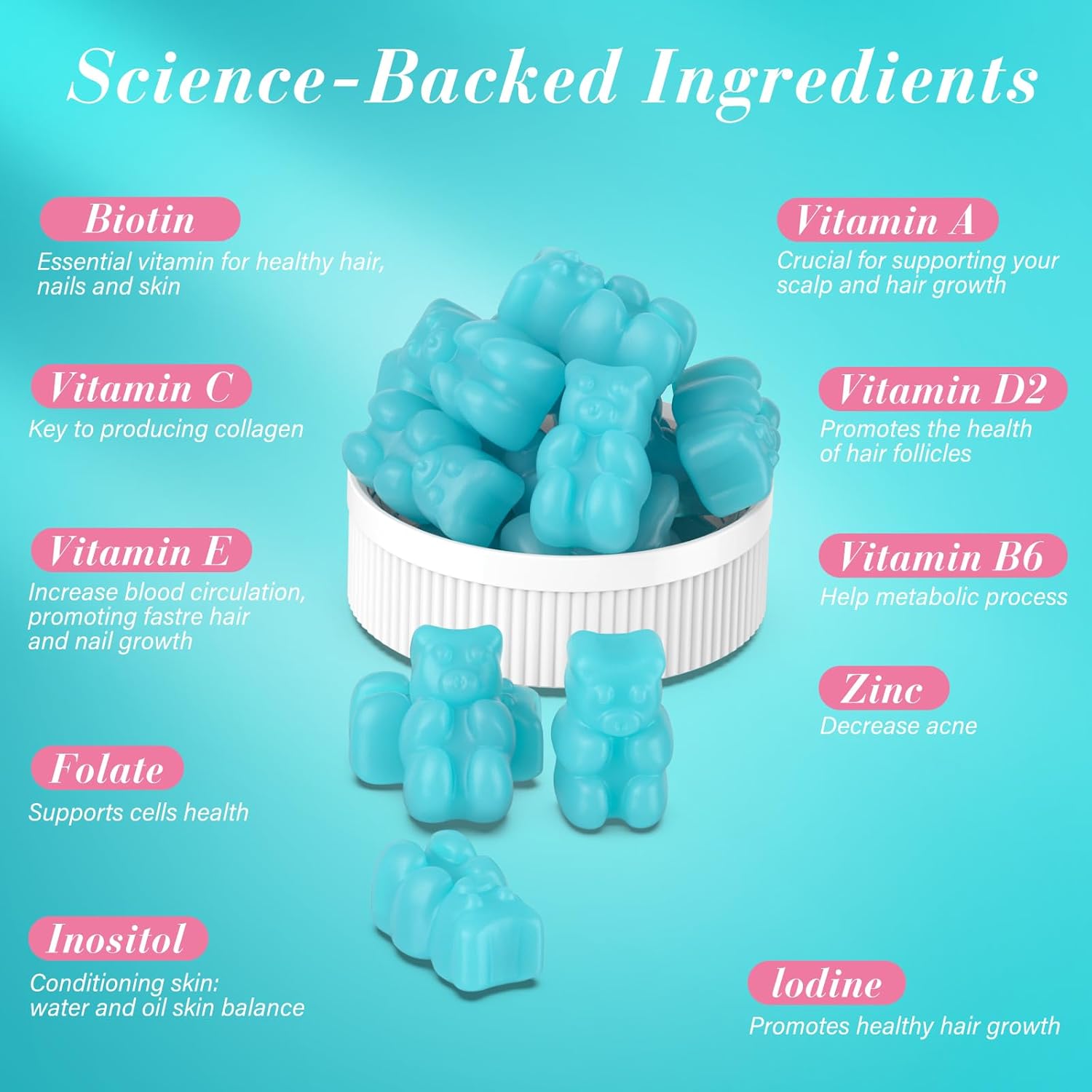 Vegan Biotin Gummies for Hair, Skin, & Nails - Men & Women Hair Growth Support - Blueberry Flavor, 120 Gummies