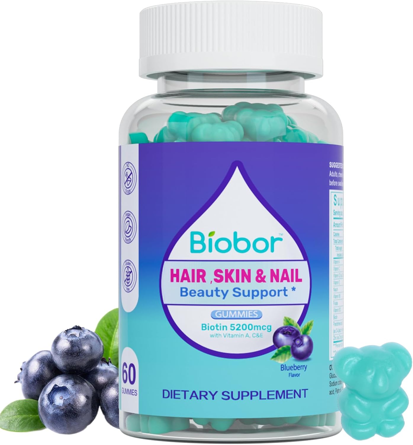 Vegan Biotin Gummies for Hair Skin Nails with Vitamins A C D E, Blueberry Flavored - 60 Count