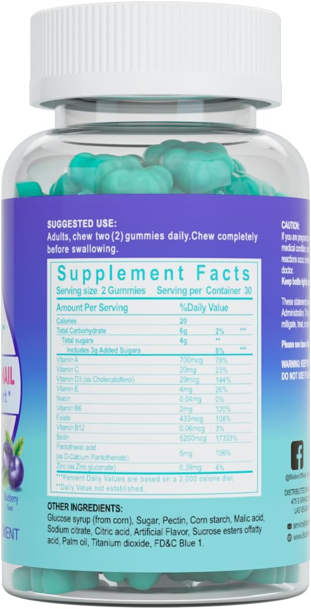 Vegan Biotin Gummies for Hair Skin Nails with Vitamins A C D E, Blueberry Flavored - 60 Count