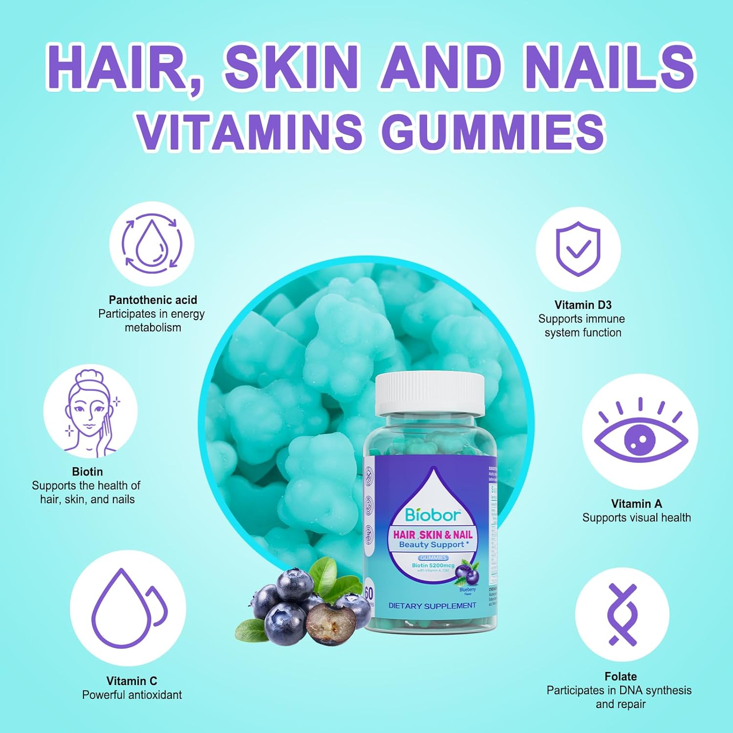 Vegan Biotin Gummies for Hair Skin Nails with Vitamins A C D E, Blueberry Flavored - 60 Count