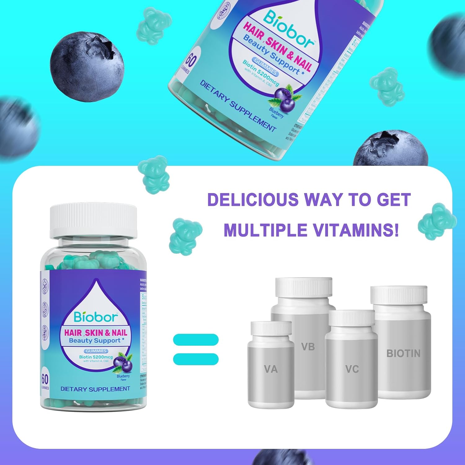 Vegan Biotin Gummies for Hair Skin Nails with Vitamins A C D E, Blueberry Flavored - 60 Count