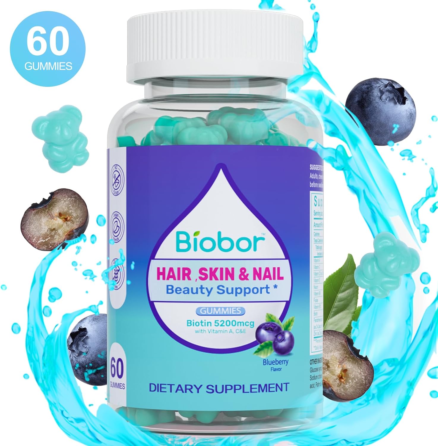 Vegan Biotin Gummies for Hair Skin Nails with Vitamins A C D E, Blueberry Flavored - 60 Count
