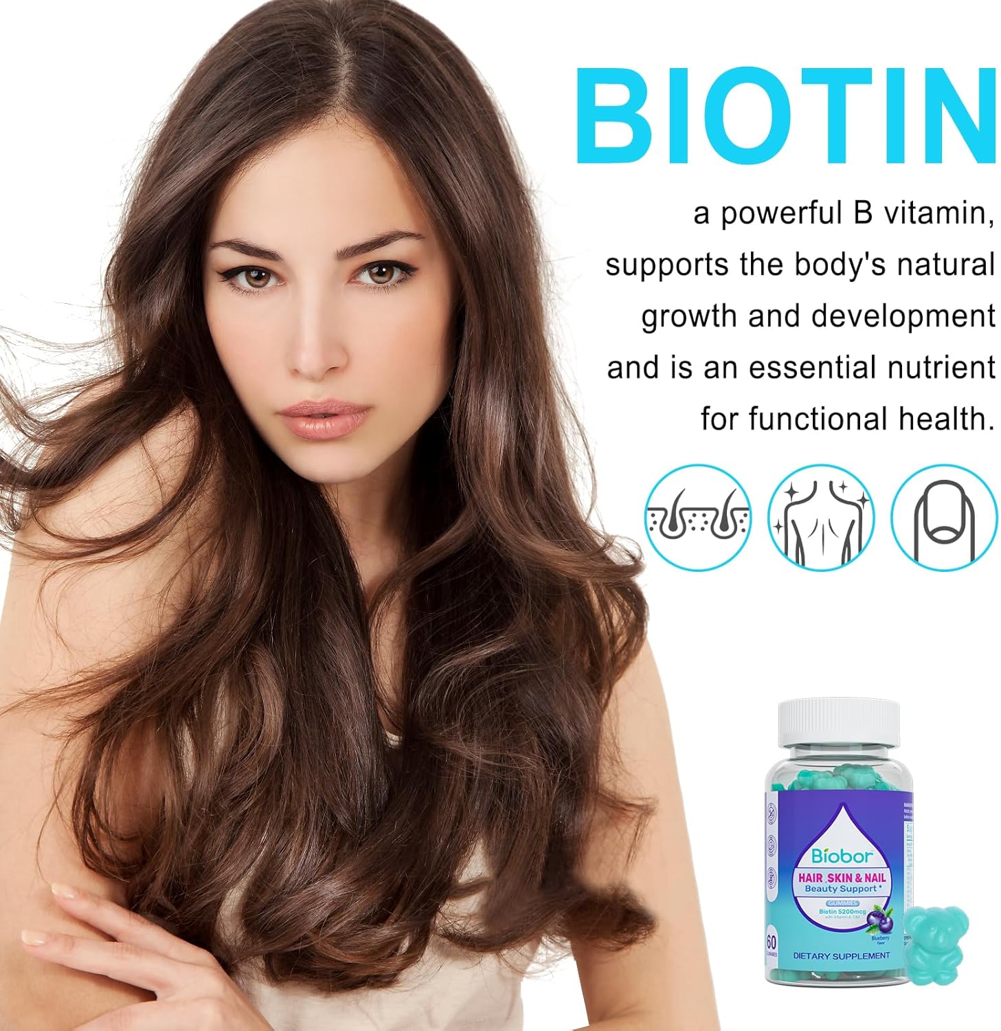 Vegan Biotin Gummies for Hair Skin Nails with Vitamins A C D E, Blueberry Flavored - 60 Count