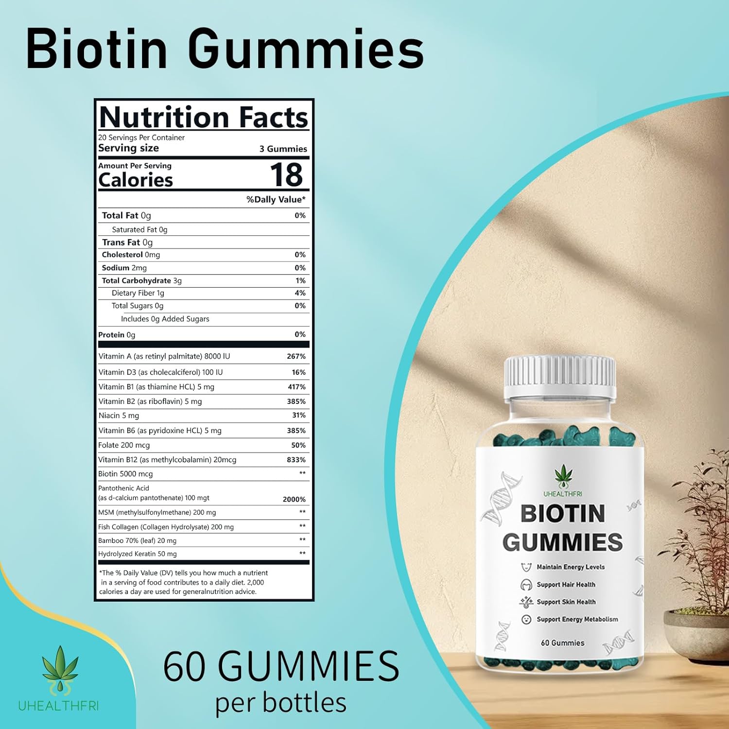 Vegan Biotin Gummies for Healthy Hair, Skin, and Nails - Women & Men's Biotin Vitamins - Uhealthfri Hair Support Gummies