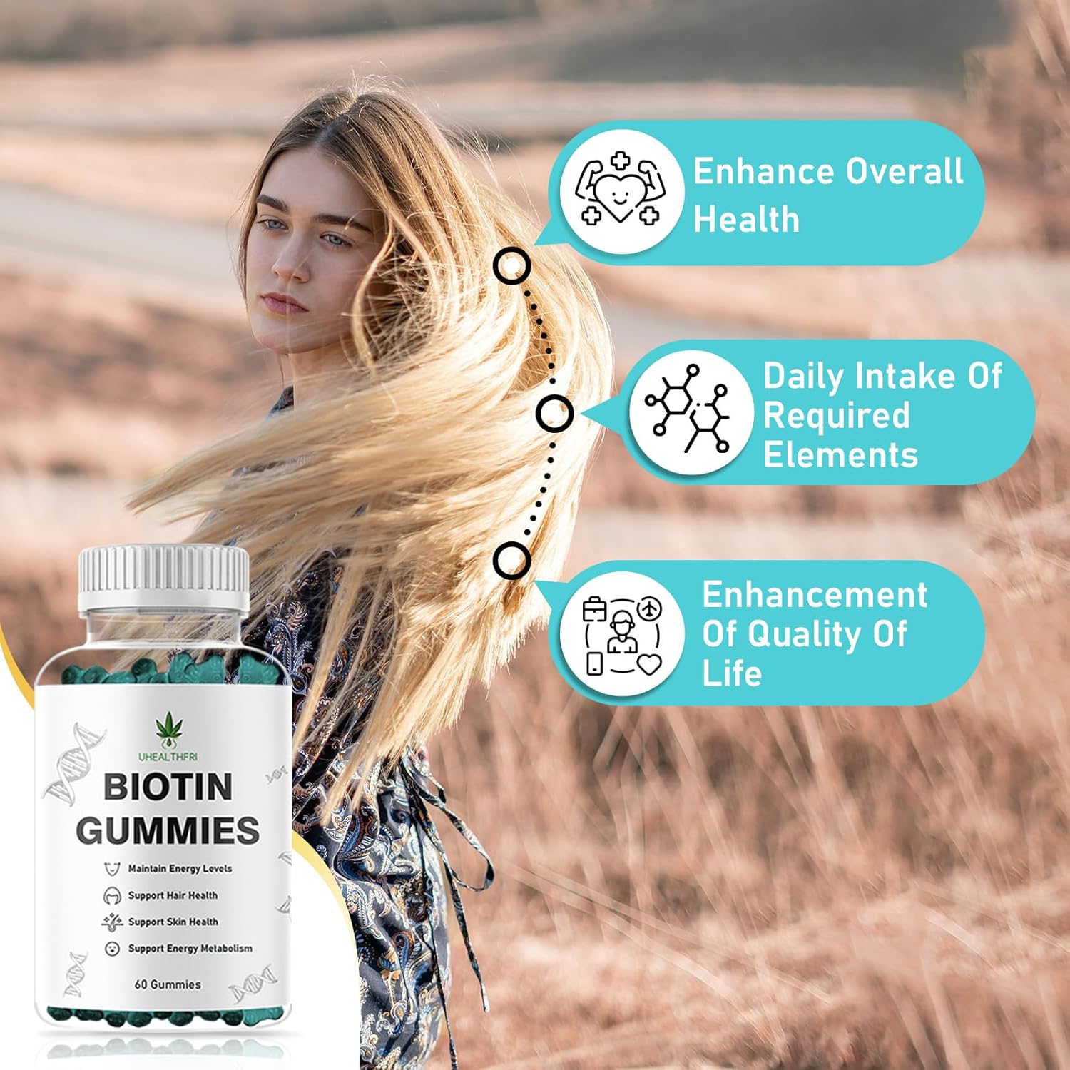Vegan Biotin Gummies for Healthy Hair, Skin, and Nails - Women & Men's Biotin Vitamins - Uhealthfri Hair Support Gummies