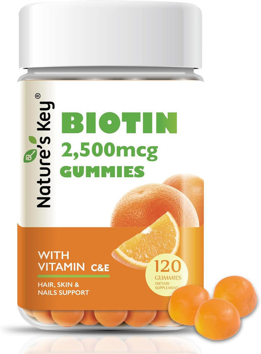 Vegan Biotin Gummies with Vitamin C and E for Hair, Nails, and Skin - 120 Count, Orange Flavors for Women, Men, and Kids