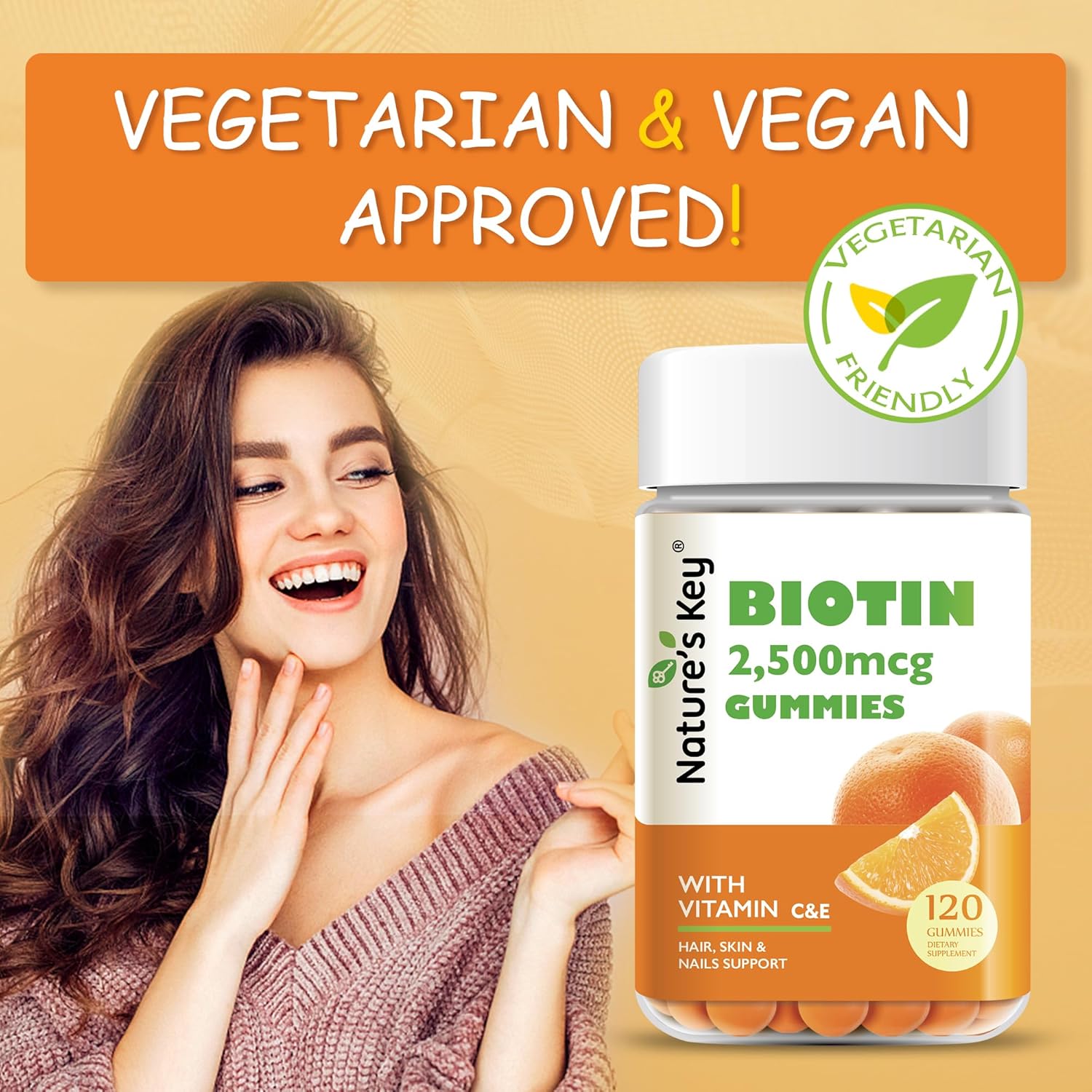 Vegan Biotin Gummies with Vitamin C and E for Hair, Nails, and Skin - 120 Count, Orange Flavors for Women, Men, and Kids