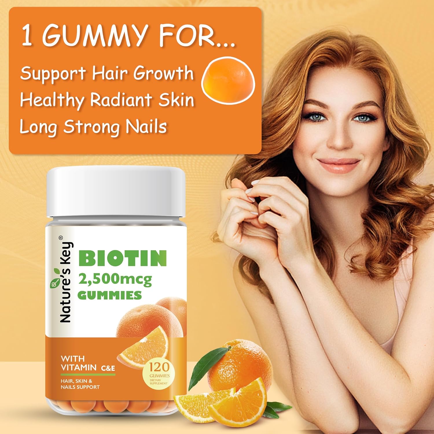 Vegan Biotin Gummies with Vitamin C and E for Hair, Nails, and Skin - 120 Count, Orange Flavors for Women, Men, and Kids