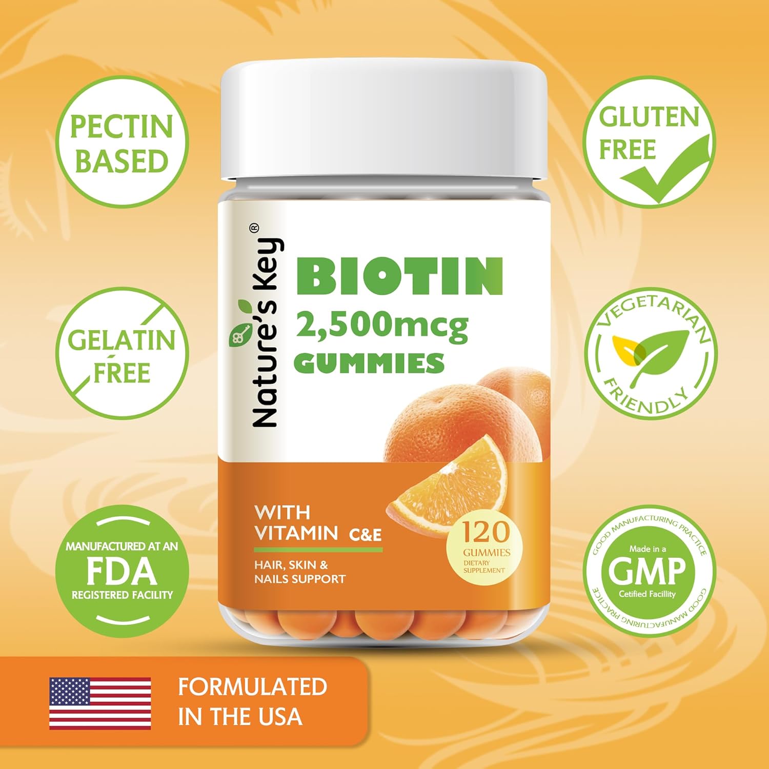 Vegan Biotin Gummies with Vitamin C and E for Hair, Nails, and Skin - 120 Count, Orange Flavors for Women, Men, and Kids