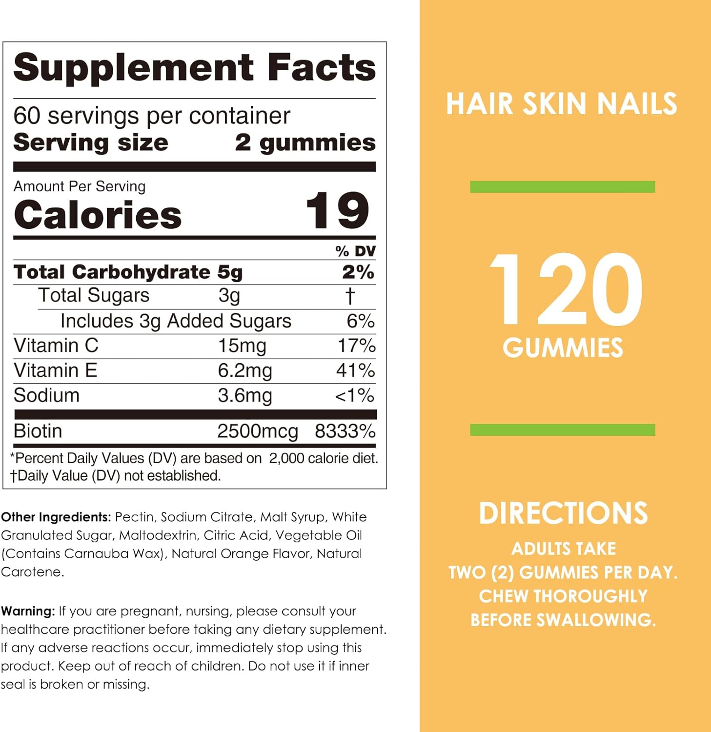 Vegan Biotin Gummies with Vitamin C and E for Hair, Nails, and Skin - 120 Count, Orange Flavors for Women, Men, and Kids
