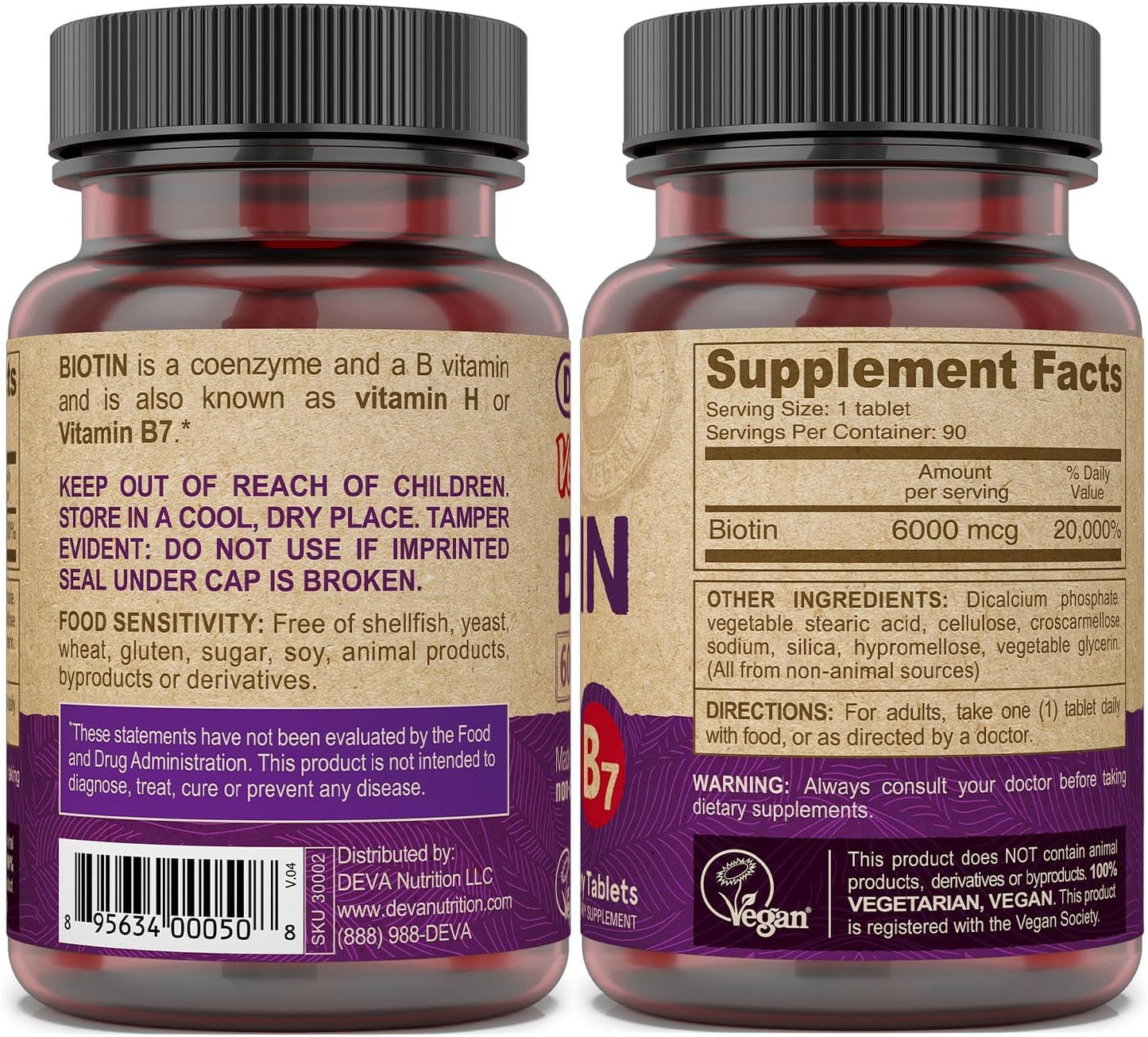 Vegan Biotin Supplement 6000 mcg - Small Tablets, 90 Count - Easy-to-Swallow Vitamin B7