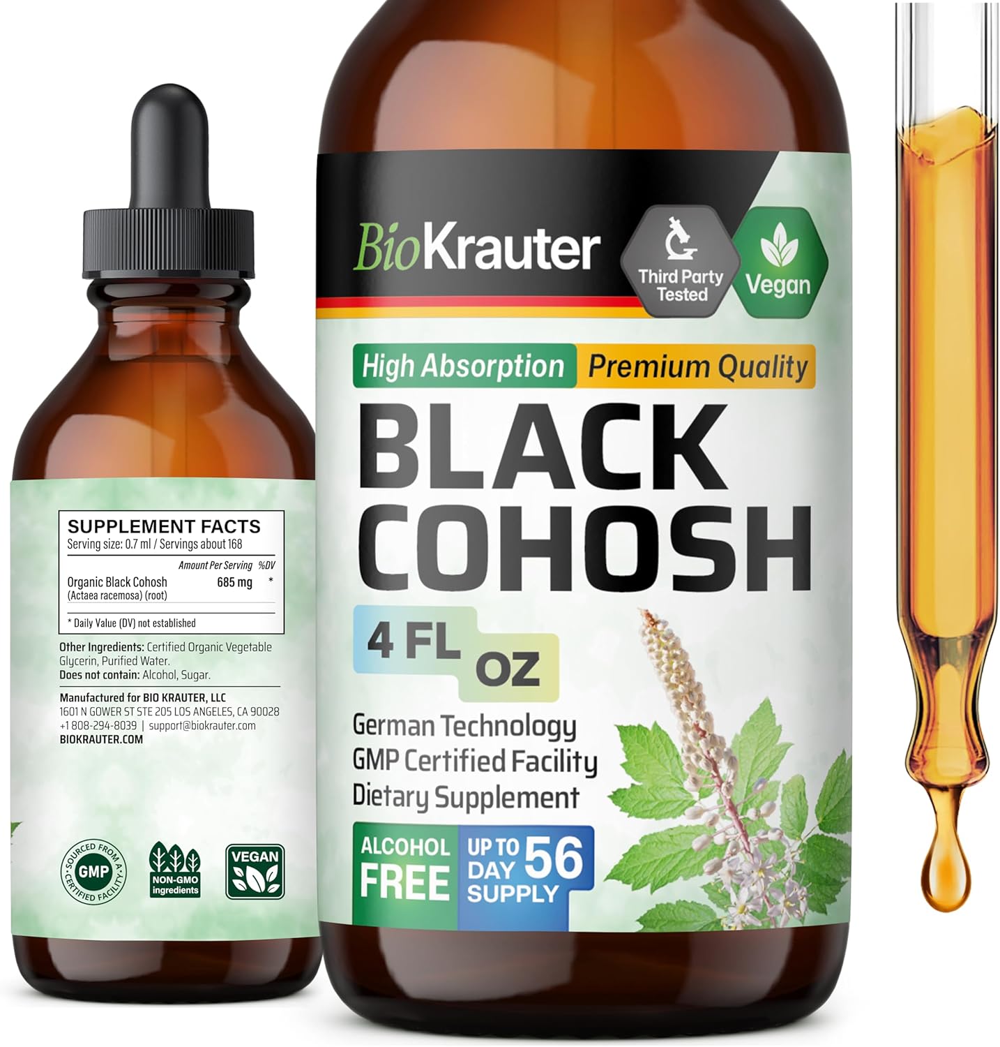 Vegan Black Cohosh Tincture for Women - Bio Krauter Herbal Supplement - Alcohol and Sugar Free - 4 Fl.Oz.