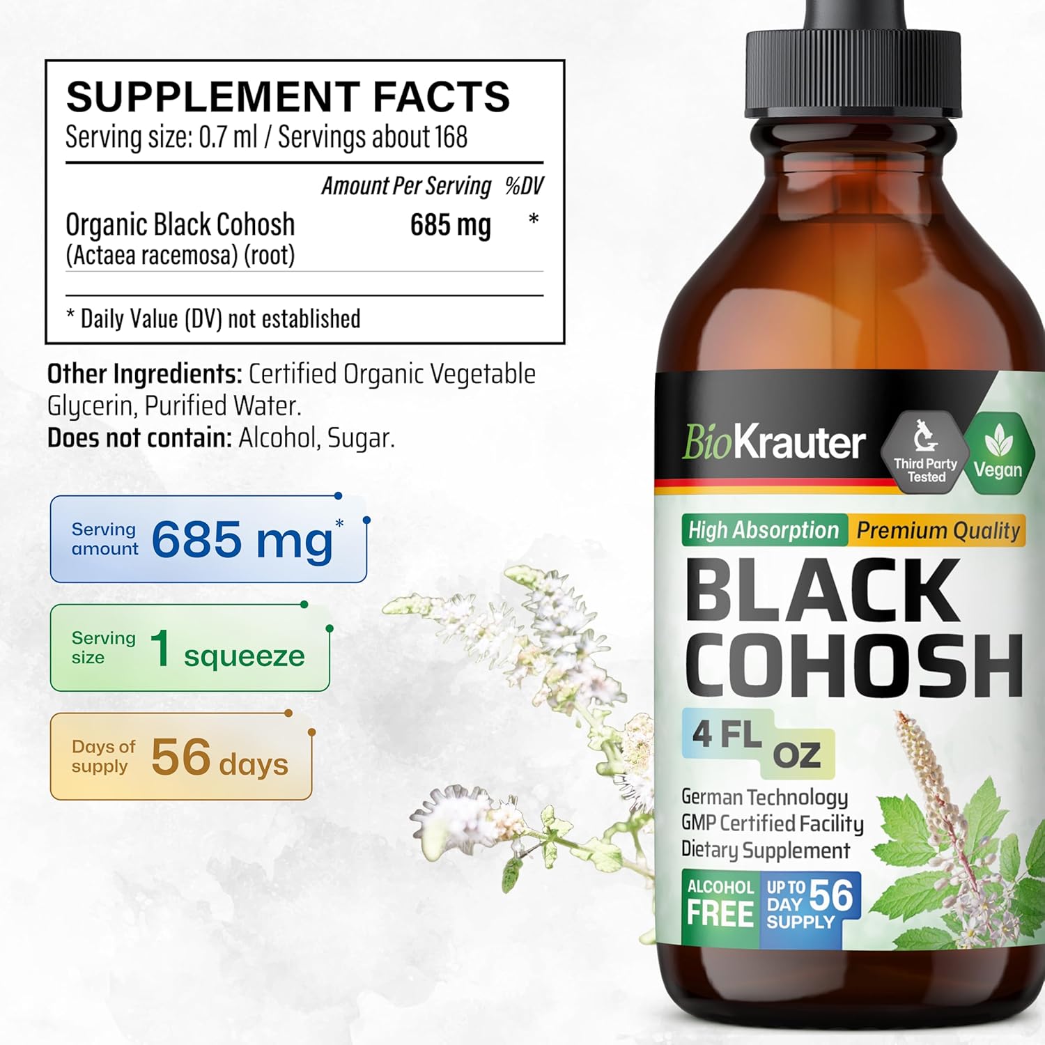 Vegan Black Cohosh Tincture for Women - Bio Krauter Herbal Supplement - Alcohol and Sugar Free - 4 Fl.Oz.