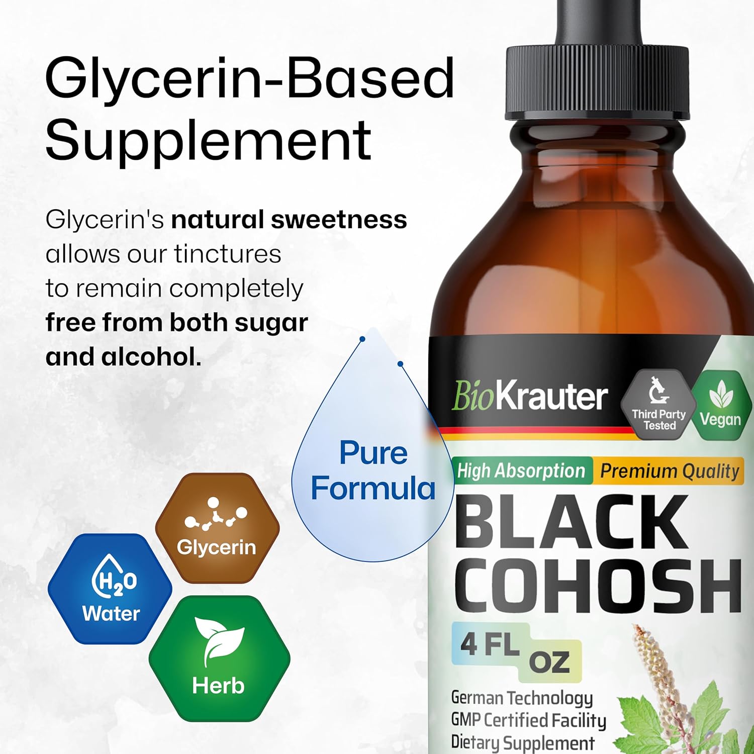 Vegan Black Cohosh Tincture for Women - Bio Krauter Herbal Supplement - Alcohol and Sugar Free - 4 Fl.Oz.
