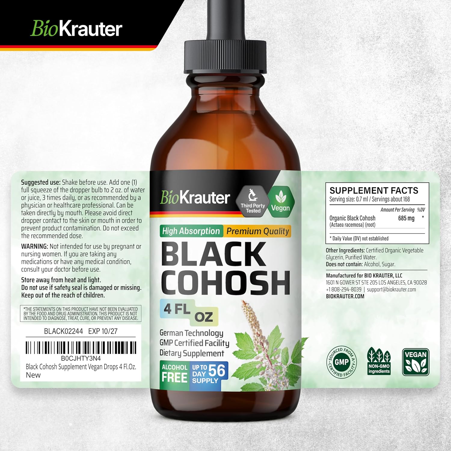 Vegan Black Cohosh Tincture for Women - Bio Krauter Herbal Supplement - Alcohol and Sugar Free - 4 Fl.Oz.