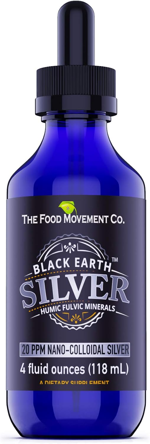 Vegan Black Earth Silver Liquid with Humic and Fulvic Acids - 20ppm Colloidal Silver for Digestion, Immune Support - 4 oz Dropper