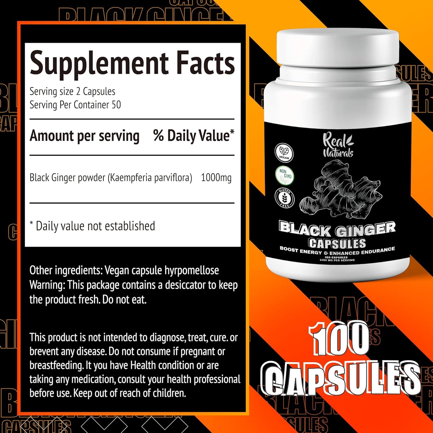 Vegan Black Ginger Extract Capsules for Men - 500mg (100 Capsules) - Boost Endurance and Performance