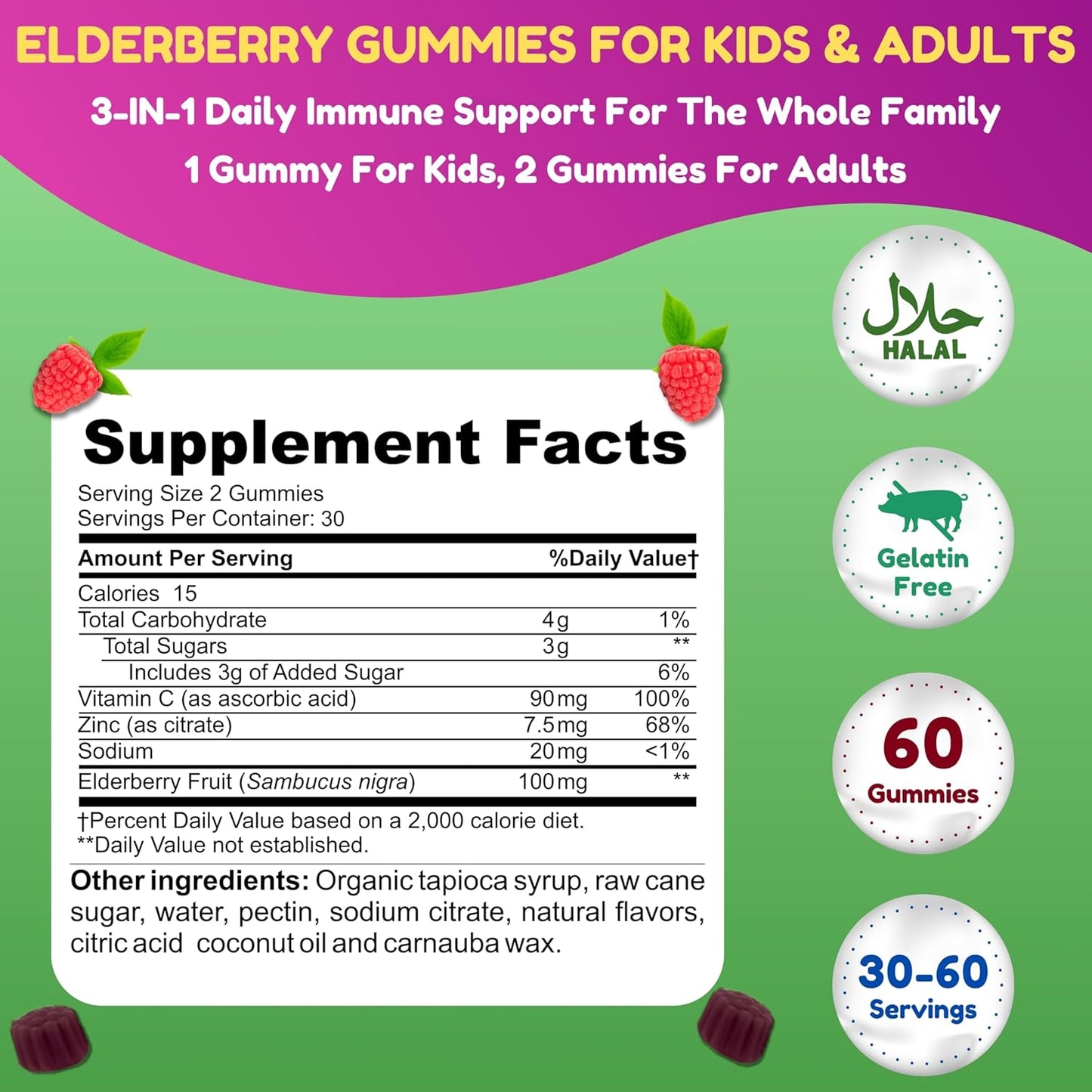 Vegan Black Sambucus Elderberry Gummies with Vitamin C and Zinc for Immune Support | Non-GMO Halal Vitamins | 60 Gummies