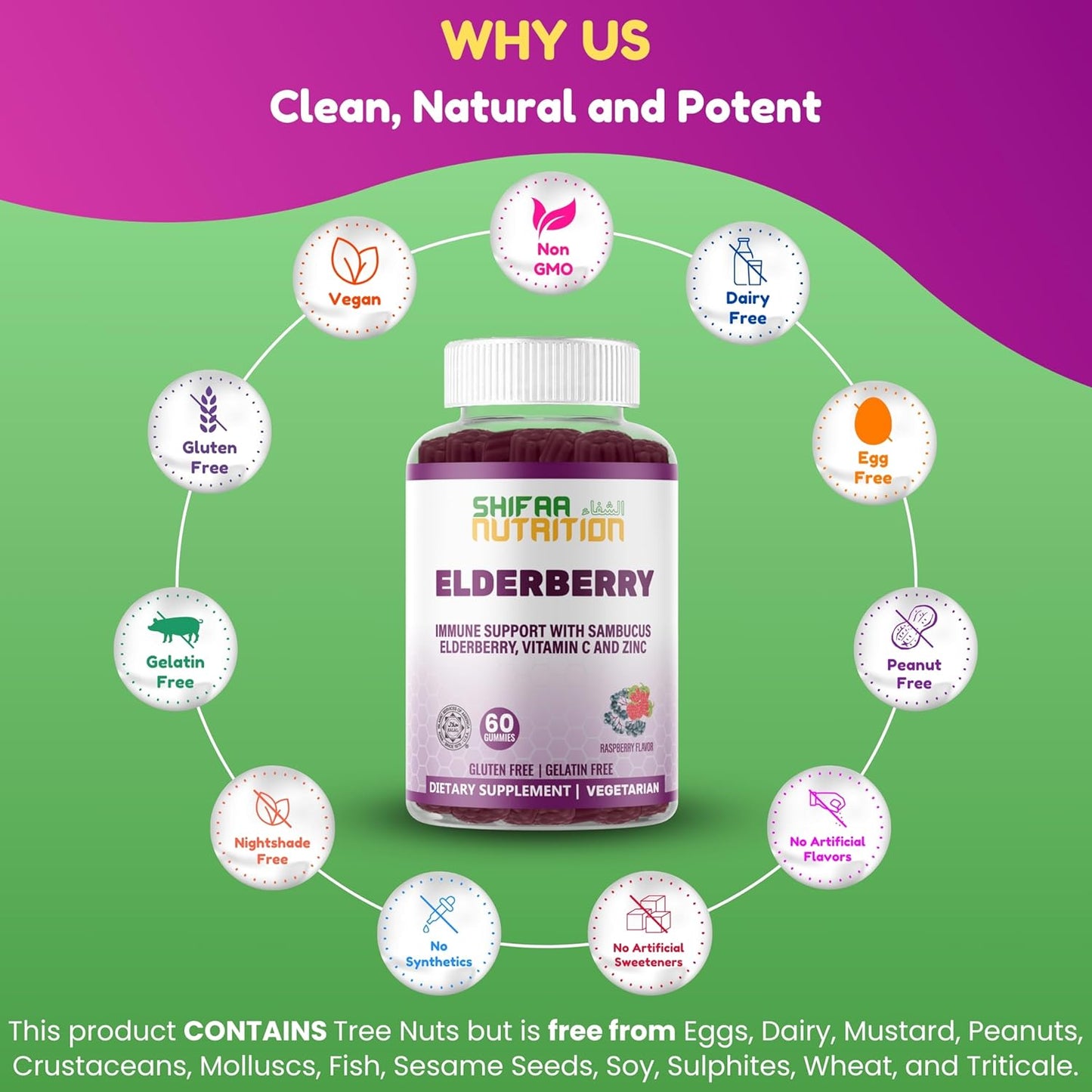 Vegan Black Sambucus Elderberry Gummies with Vitamin C and Zinc for Immune Support | Non-GMO Halal Vitamins | 60 Gummies