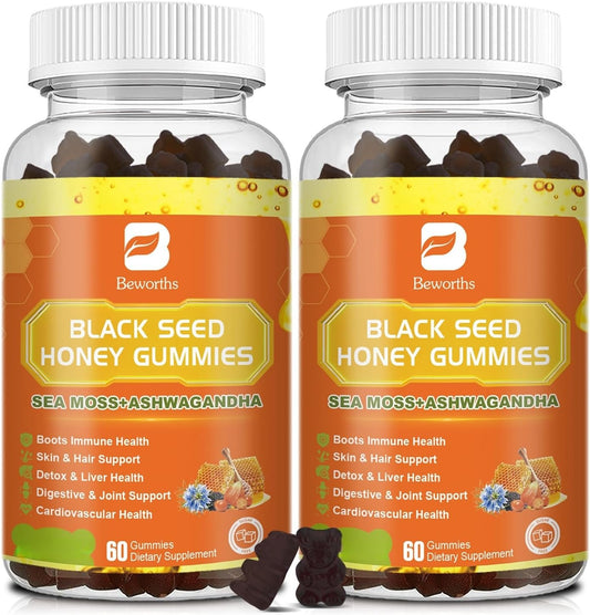 Vegan Black Seed Oil Sea Moss Gummies with Ashwagandha & Elderberry for Immunity, Joints, Hair & Skin - 120 Vegan Gummies Pack