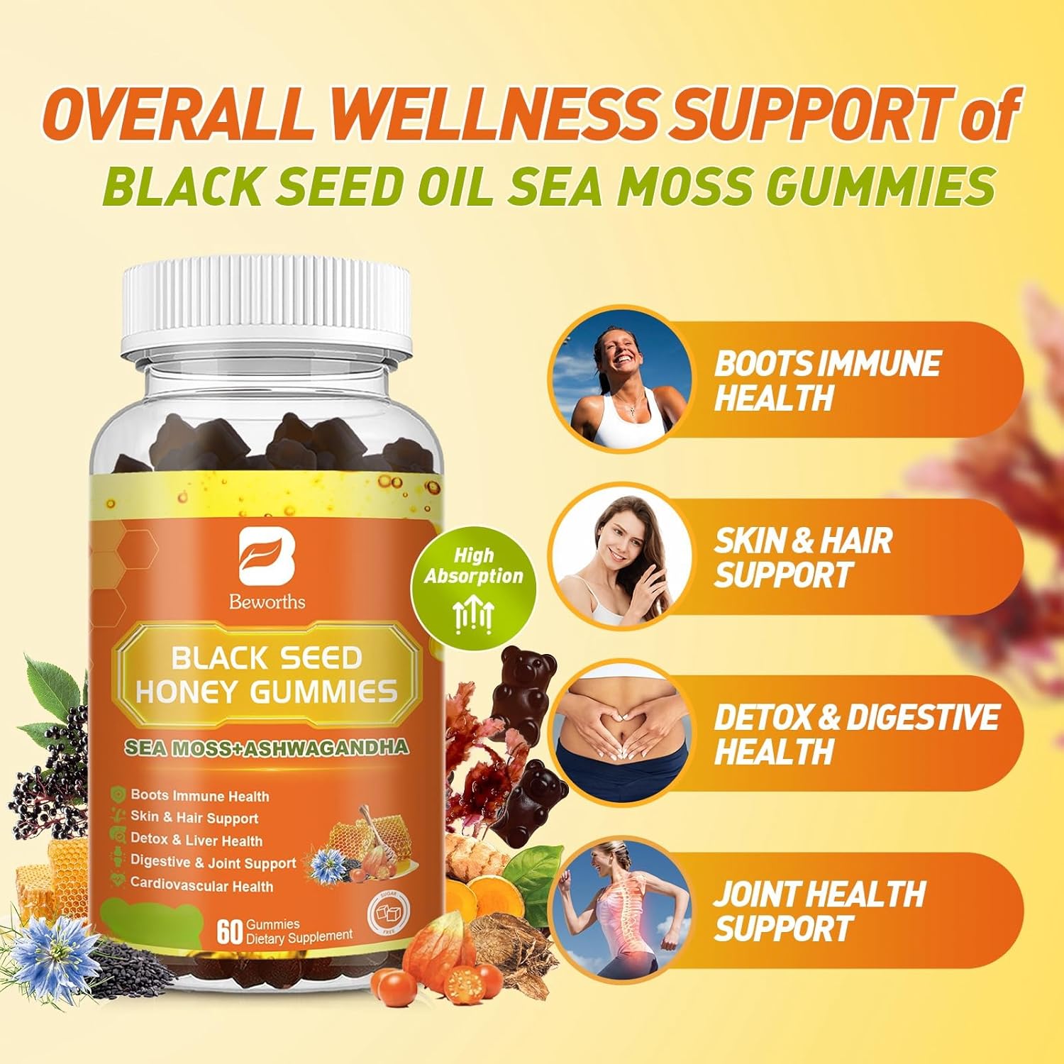 Vegan Black Seed Oil Sea Moss Gummies with Ashwagandha & Elderberry for Immunity, Joints, Hair & Skin - 120 Vegan Gummies Pack