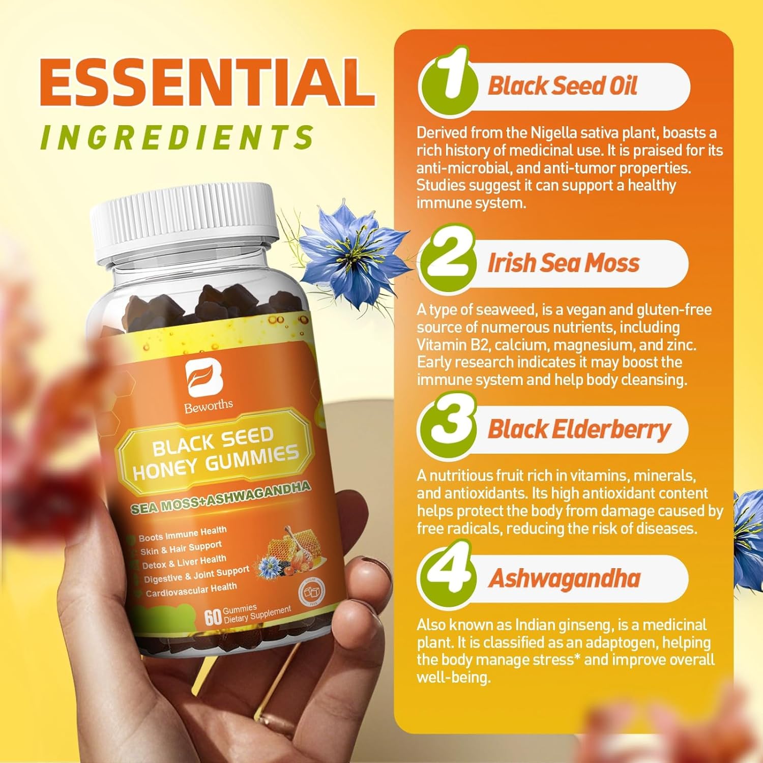 Vegan Black Seed Oil Sea Moss Gummies with Ashwagandha & Elderberry for Immunity, Joints, Hair & Skin - 120 Vegan Gummies Pack