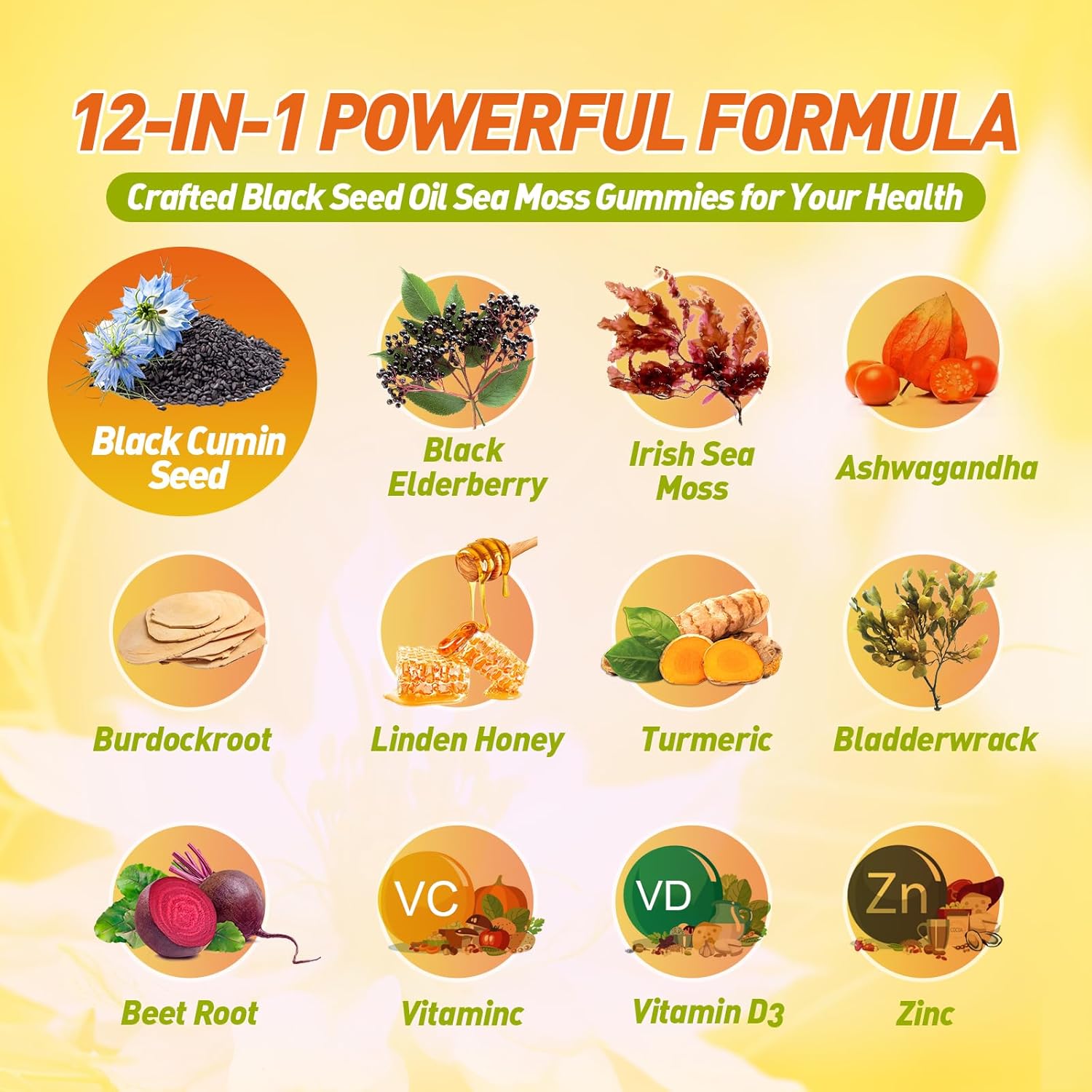 Vegan Black Seed Oil Sea Moss Gummies with Ashwagandha & Elderberry for Immunity, Joints, Hair & Skin - 120 Vegan Gummies Pack