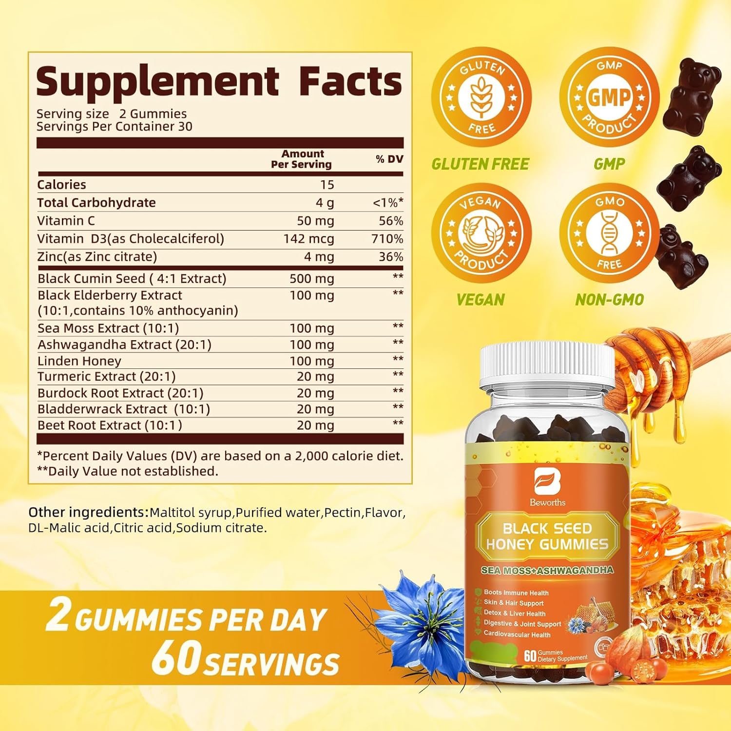 Vegan Black Seed Oil Sea Moss Gummies with Ashwagandha & Elderberry for Immunity, Joints, Hair & Skin - 120 Vegan Gummies Pack