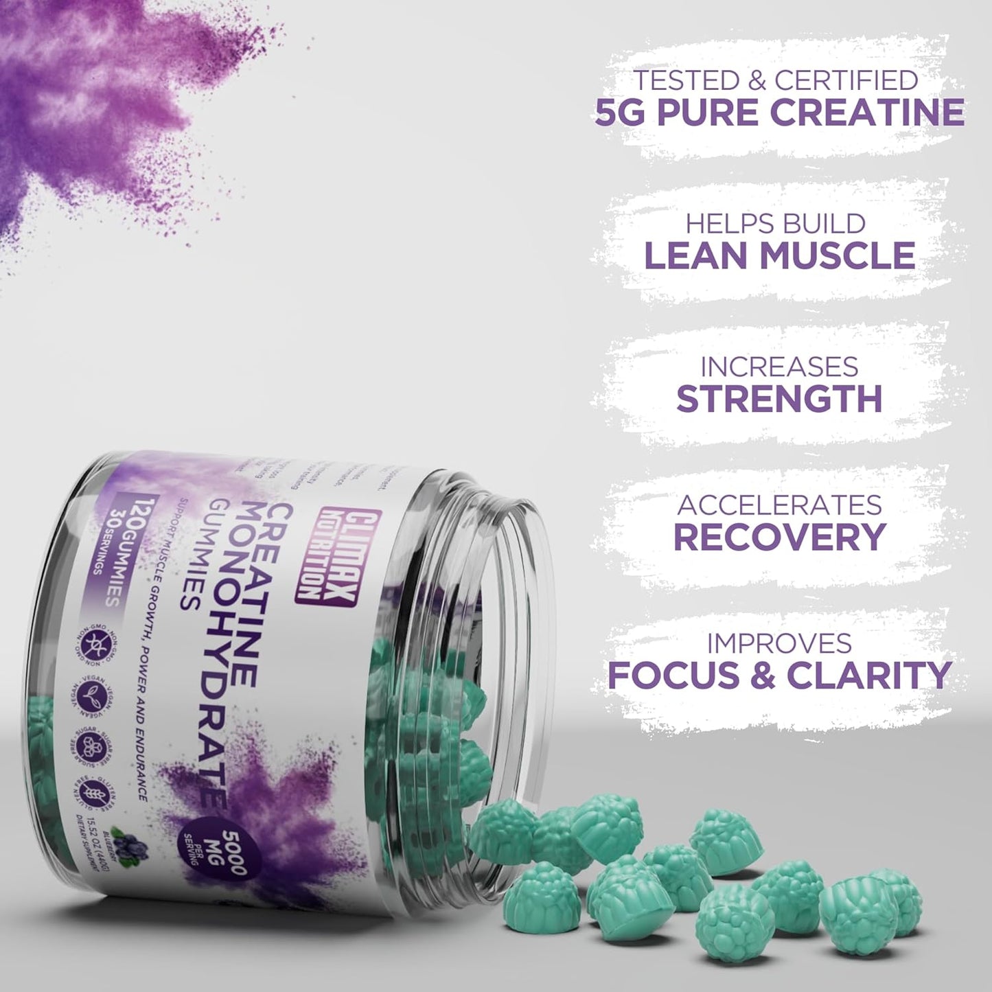Vegan Blueberry Creatine Gummies for Muscle Recovery & Brain Health - 120 Sugar-Free Gummies for Men & Women