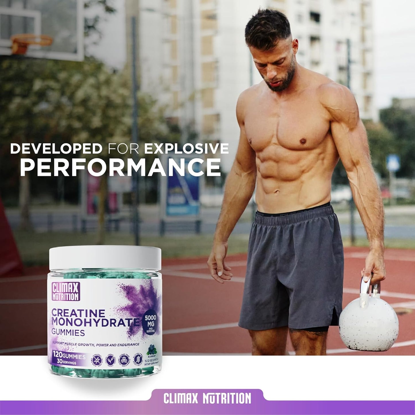 Vegan Blueberry Creatine Gummies for Muscle Recovery & Brain Health - 120 Sugar-Free Gummies for Men & Women