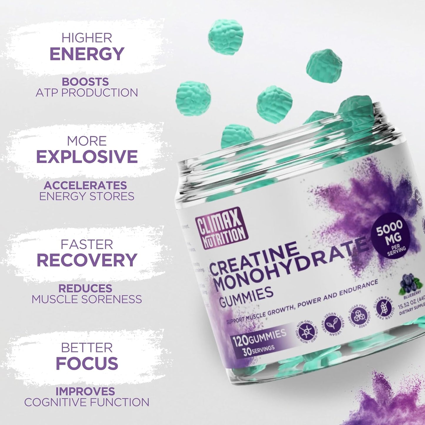 Vegan Blueberry Creatine Gummies for Muscle Recovery & Brain Health - 120 Sugar-Free Gummies for Men & Women