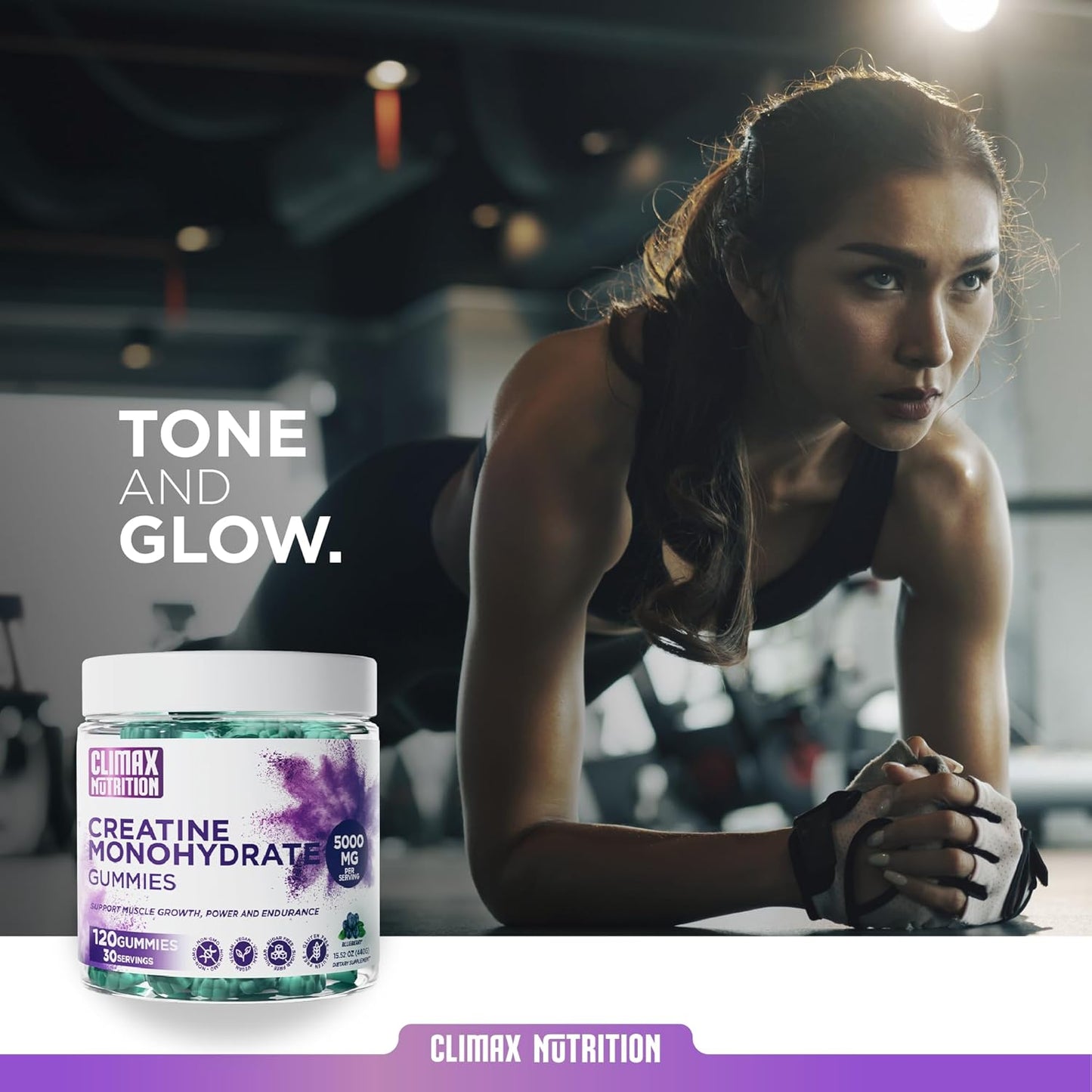 Vegan Blueberry Creatine Gummies for Muscle Recovery & Brain Health - 120 Sugar-Free Gummies for Men & Women