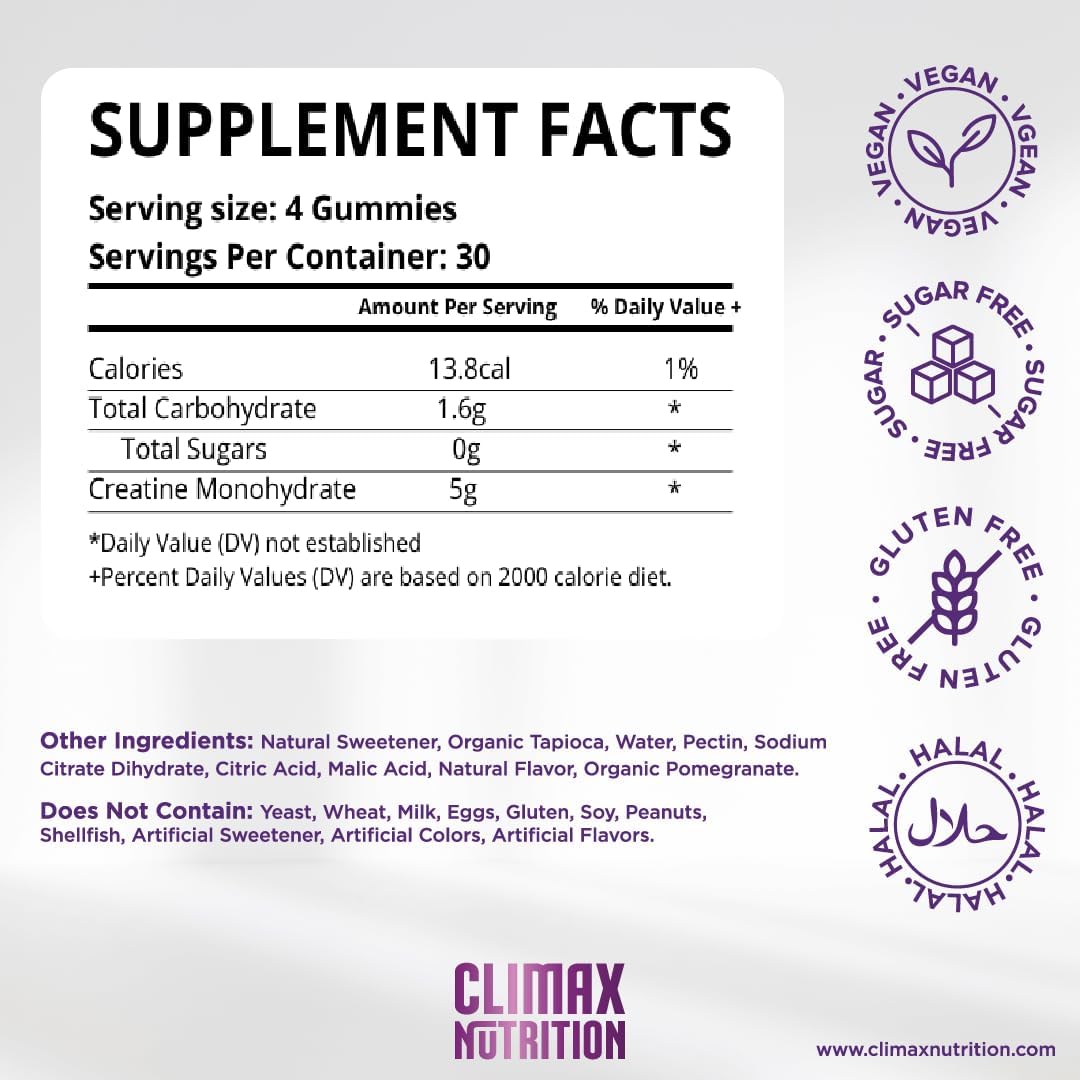 Vegan Blueberry Creatine Gummies for Muscle Recovery & Brain Health - 120 Sugar-Free Gummies for Men & Women