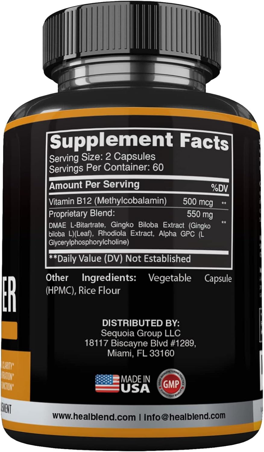 Vegan Brain Booster Supplement with B12 Vitamin, Alpha GPC, DMAE, Gingko Biloba, Rhodiola - Memory and Focus Support - 120 Capsules