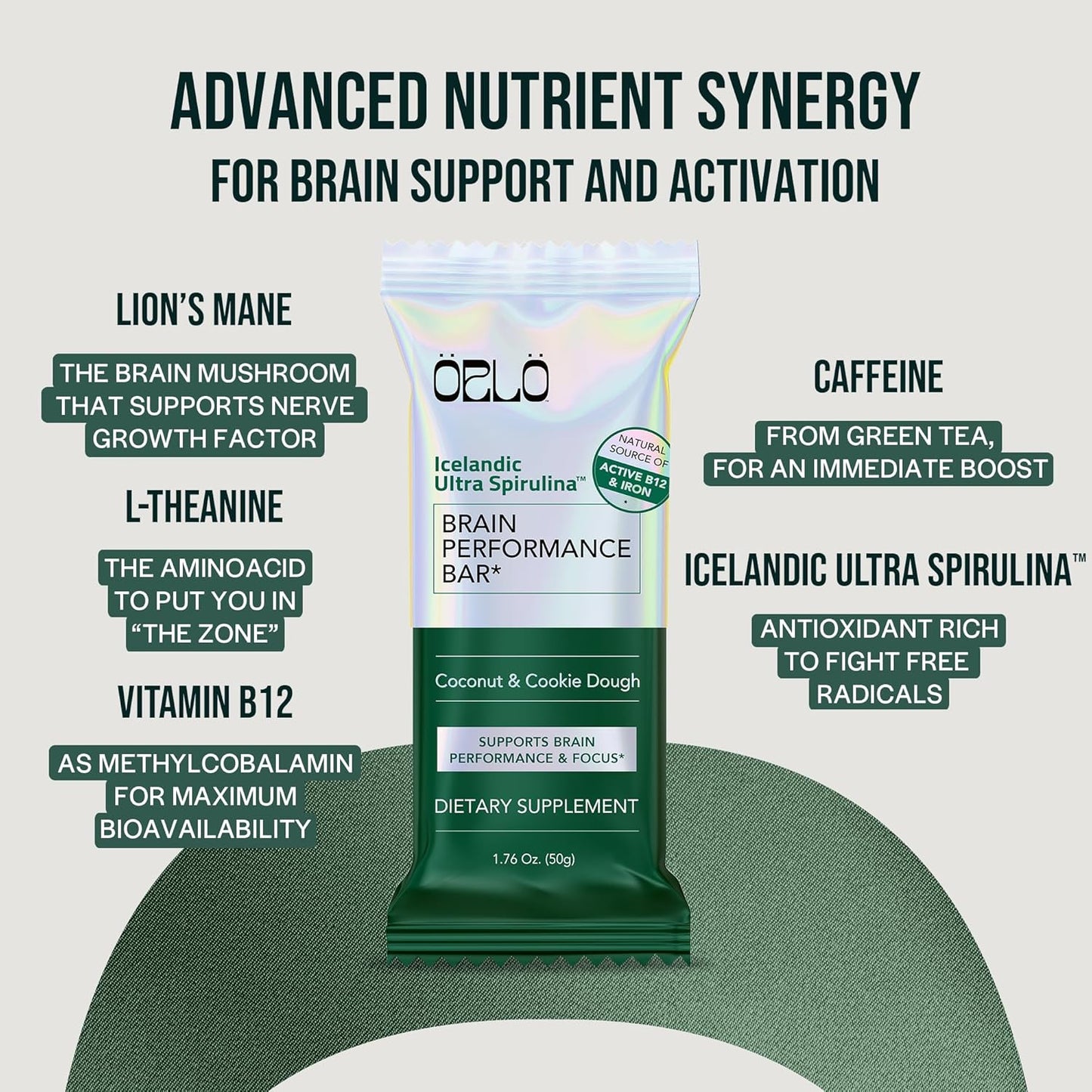 Vegan Brain Performance Protein Bars with L-Theanine, Lions Mane, Spirulina - Gluten Free Energy Snack for Focus, Memory, Workout Recovery (12 Bars)