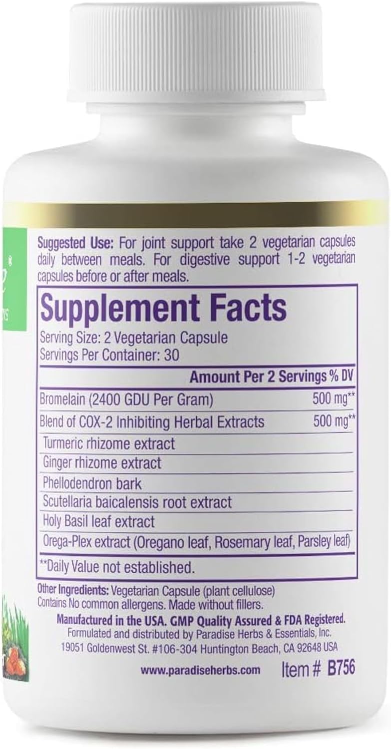 Vegan Bromelain Supplement with Turmeric and Ginger - Non-GMO, Gluten Free - 60 Capsules