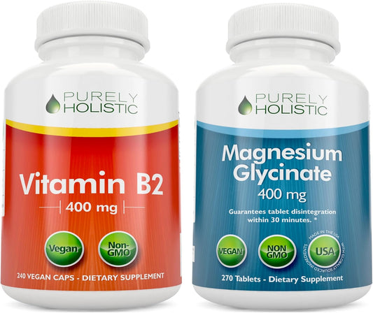 Vegan Bundle: Vitamin B2 Riboflavin 400mg + Magnesium Glycinate 400mg - 510 Capsules - USA Made
