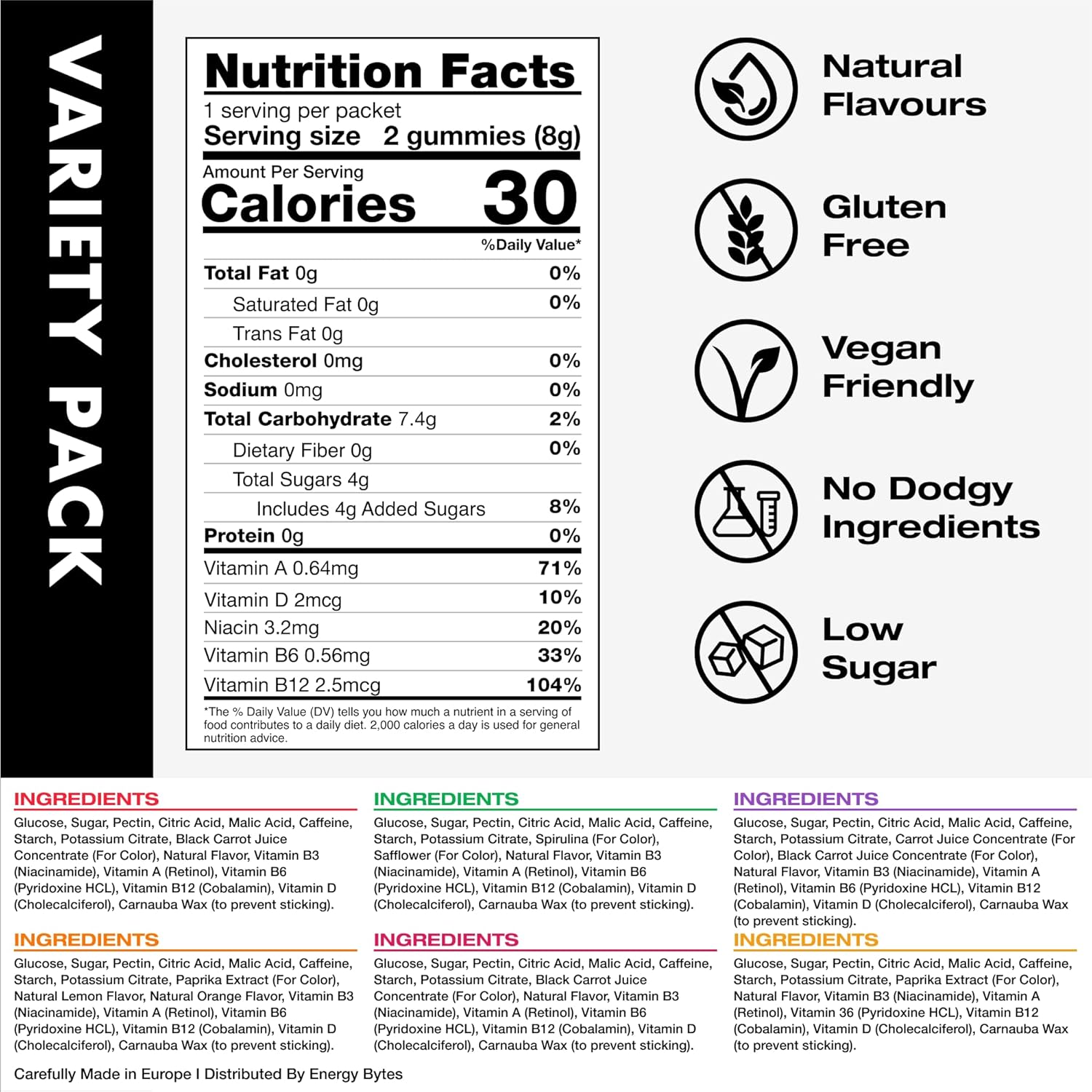 Vegan Caffeine Gummies Variety Pack for Running, Cycling, Sports | Low Sugar Energy Chews (12-Pack)