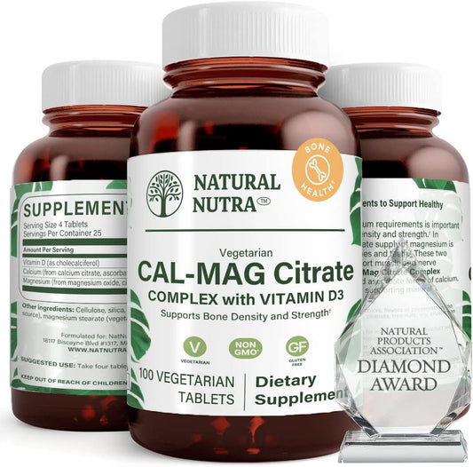 Vegan Cal-Mag Citrate with Vitamin D3, 1000/500 mg Complex for Bone, Muscle, and Nerve Health - 100 Tablets
