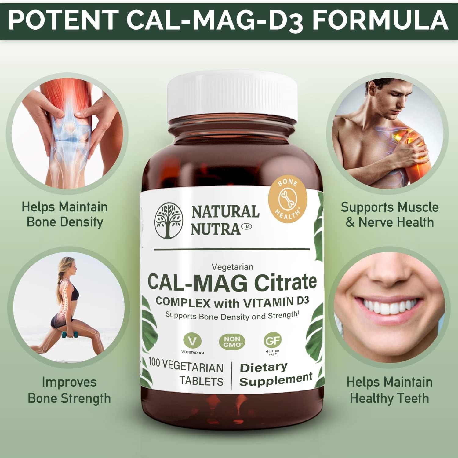 Vegan Cal-Mag Citrate with Vitamin D3, 1000/500 mg Complex for Bone, Muscle, and Nerve Health - 100 Tablets