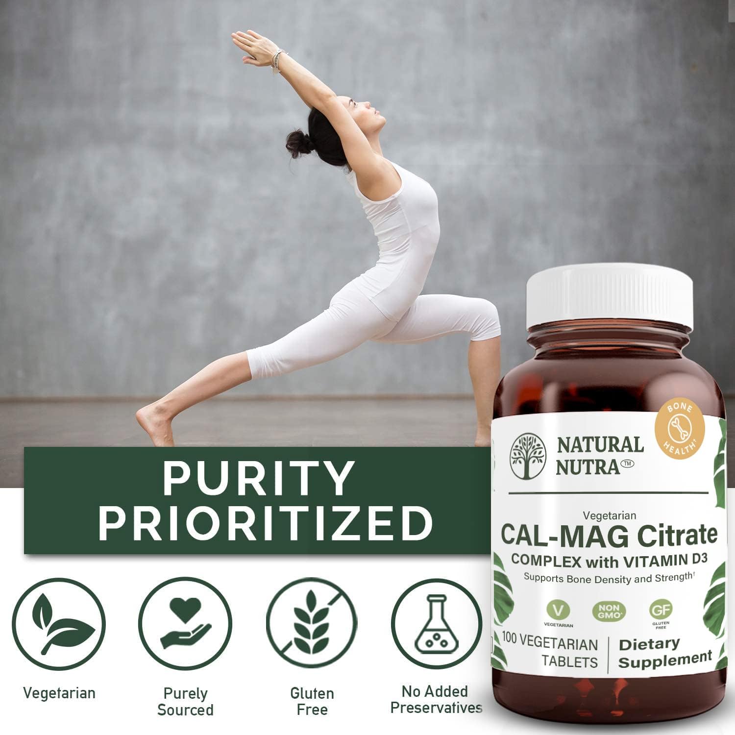 Vegan Cal-Mag Citrate with Vitamin D3, 1000/500 mg Complex for Bone, Muscle, and Nerve Health - 100 Tablets